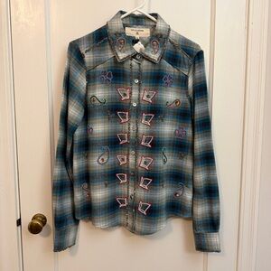 Vintage Western-Style Plaid and Hand-Embroidered Button Down Shirt